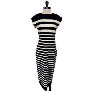 Express Striped‎ Crew Neck  Black Ivory Cap Sleeve Midi Sweater Dress SZ L NWT